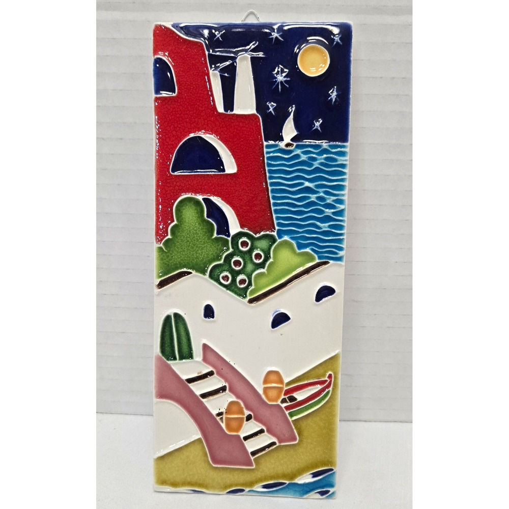 Vtg Creazioni Luciano Italy Relief Ceramic Tile Plaque Coastal Scene Boat Signed